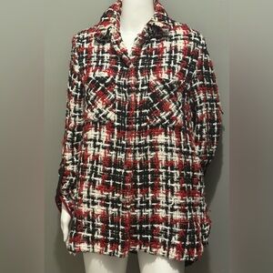 Zara Women's Tweed Button Down Shirt - Red, Black, and White